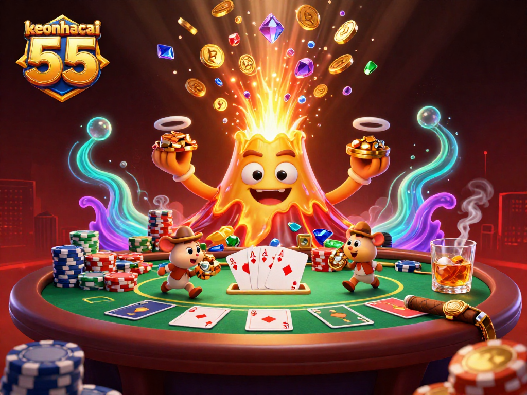 Experience victory with keonhacai 55 in an exciting casino scene featuring a golden volcano, poker action, and treasure.