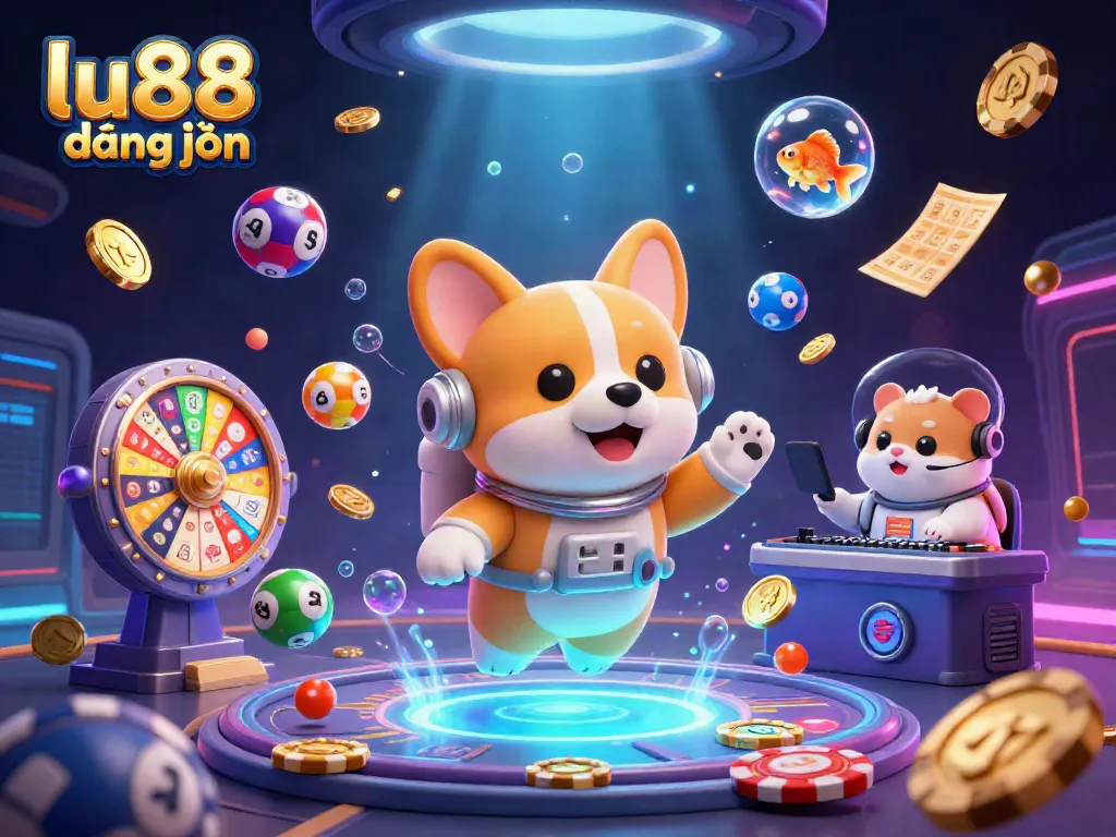 lu88 đăng nhập showcases a vibrant 3D cartoon scene of a corgi astronaut navigating a space casino, surrounded by lottery elements.