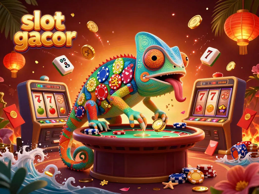 Experience thrilling slot gacor action with a vibrant chameleon casino owner in this dazzling 3D illustration.