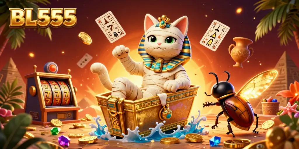 Join the thrilling adventure of BL555, featuring a mummy cat and golden treasures in a vibrant casino.
