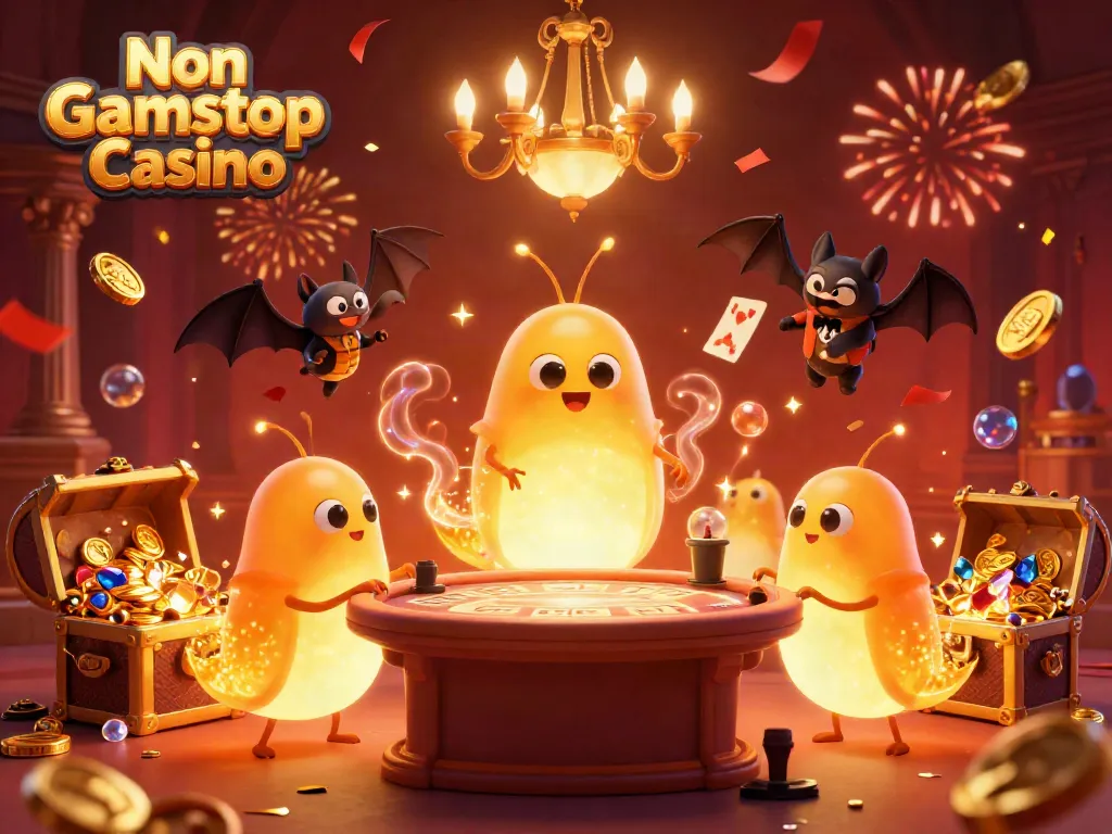 Experience the vibrant ambiance of a Non Gamstop Casino with glowing glowworms and animated treasures.