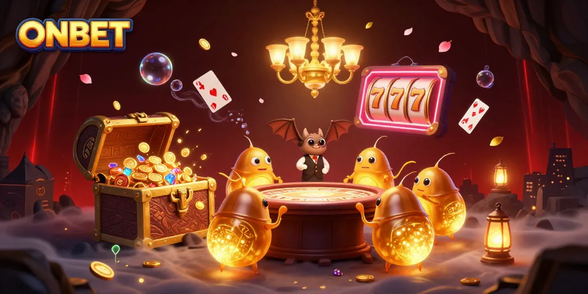 Experience the excitement of ONBET with glowworms lighting a vibrant casino scene.