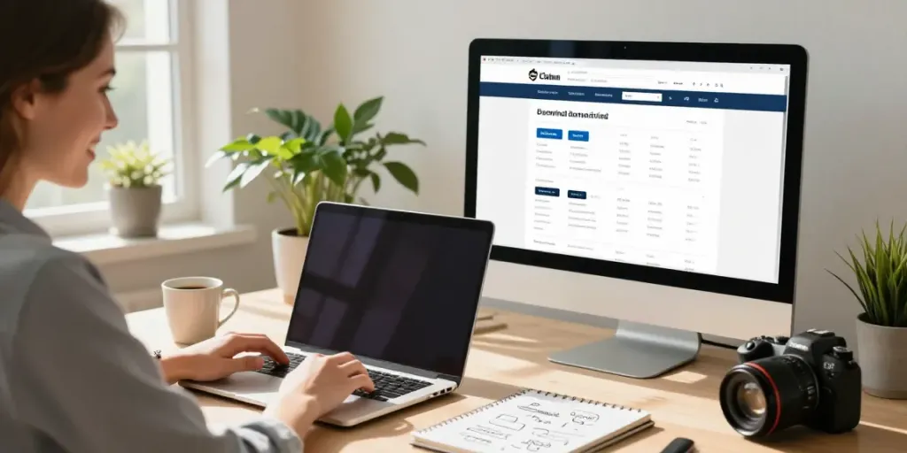 Cheerful person searching to buy domain without hosting in a bright home office.