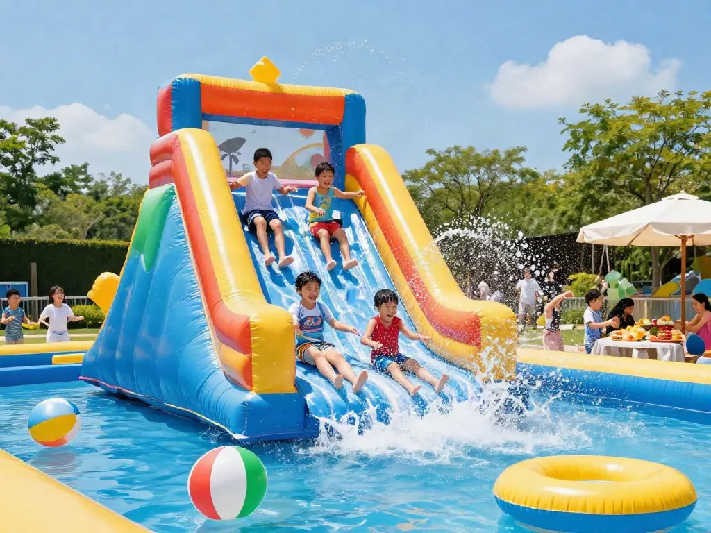 Children enjoying a water slide at an inflatable water park on a sunny day.