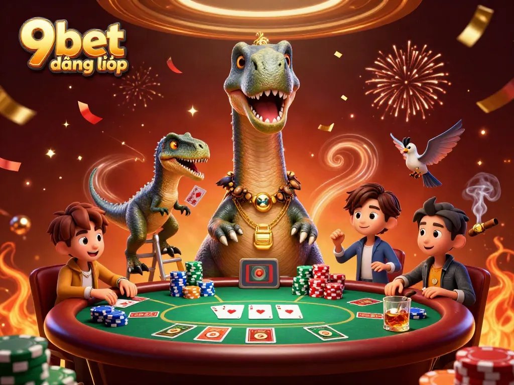 Experience 9bet đăng nhập with a playful brontosaurus as it oversees a bustling poker scene filled with excitement.