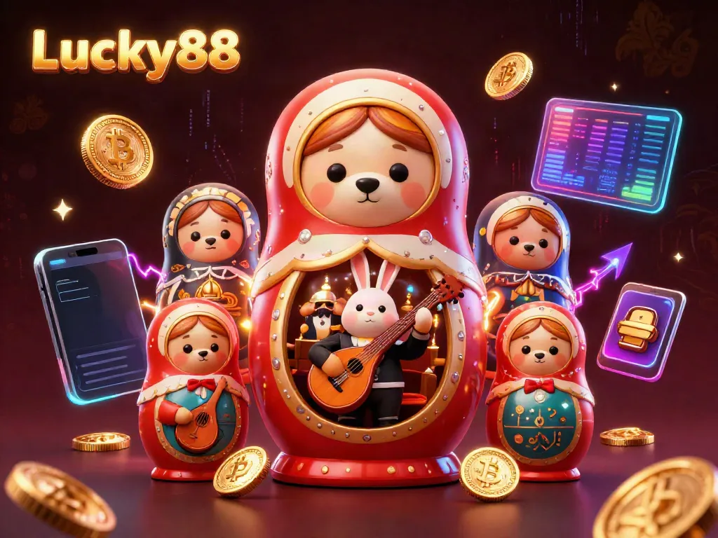 Engage with Lucky88's vibrant casino environment featuring playful characters and crypto elements.