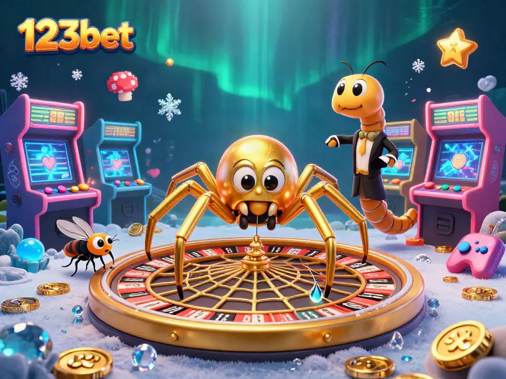 Spin to win with 123bet in this vibrant, detailed casino illustration showcasing roulette and playful characters.