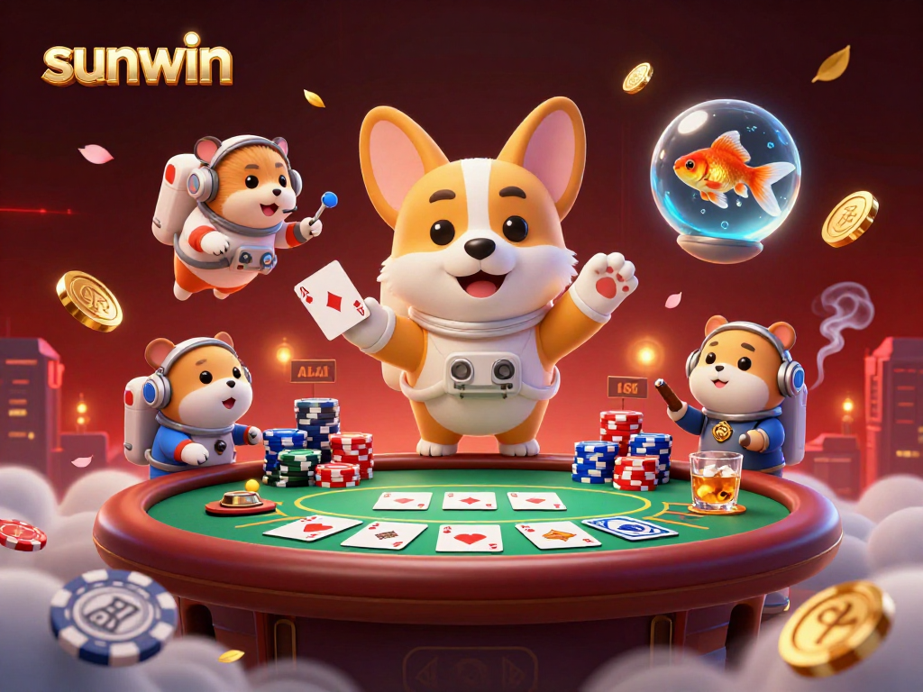 sunwin casino features a playful astronaut corgi with a hamster in control, amidst poker fun