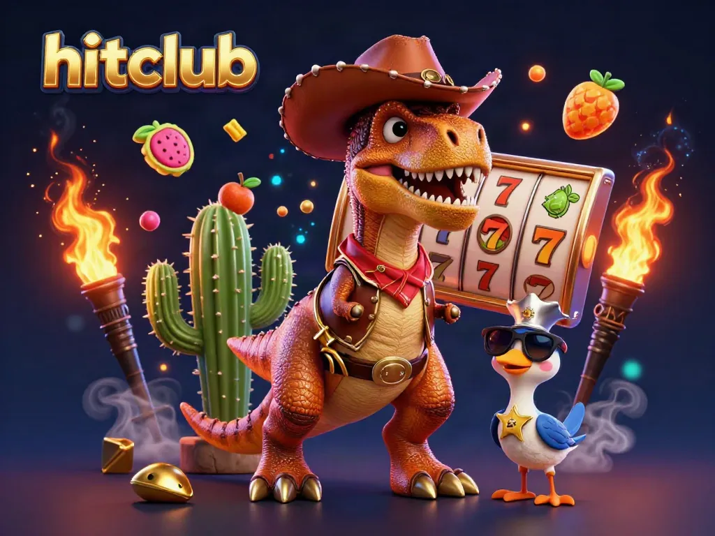 hitclub welcomes players with an exciting 3D illustration of a T-Rex cowboy alongside casino elements like slot reels and jackpots.