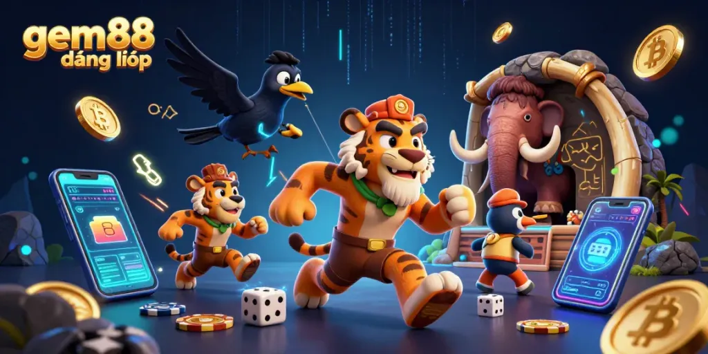 Experience thrilling gameplay with gem88 đăng nhập at a prehistoric casino adventure featuring animated characters.