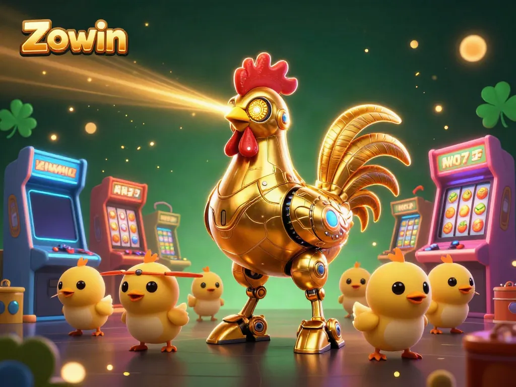 Zowin's captivating gaming scene with a golden rooster robot and vibrant slot machines