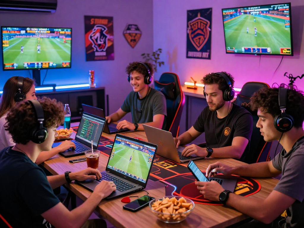 Group enjoying online gaming at TK 1971, showcasing live sports betting and casino games in a vibrant atmosphere.