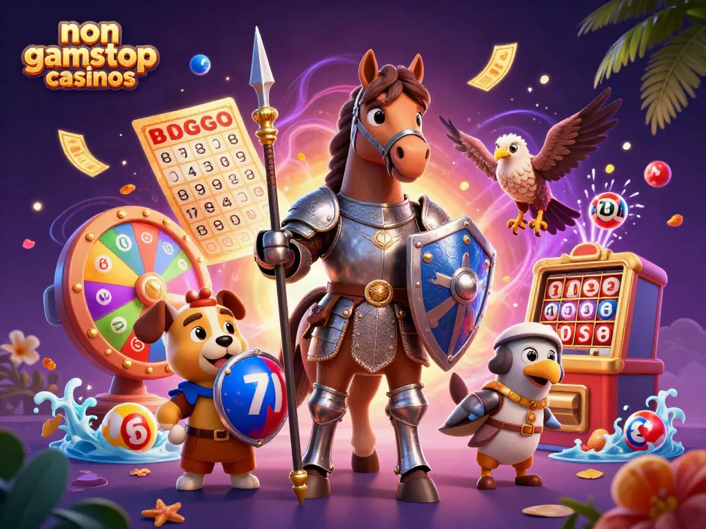 Experience thrilling action at non gamstop casinos with a knight and colorful gaming elements in a vibrant scene.