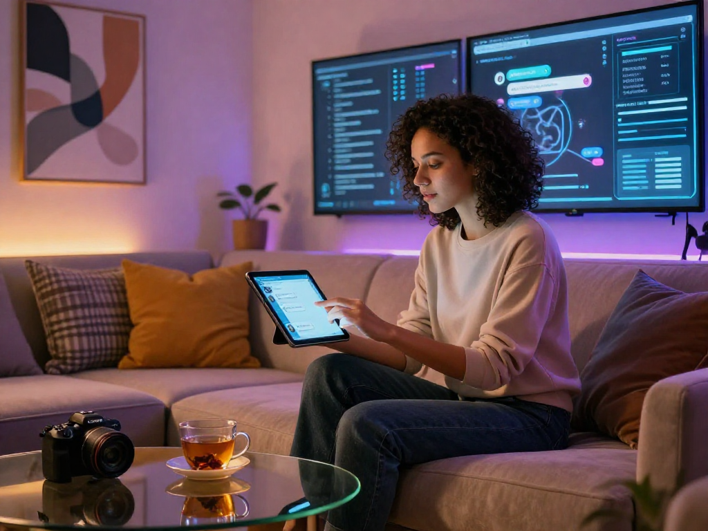 Interactive ai sex chat setting with a user engaging on a tablet, neon glow.