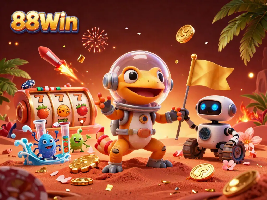 Engaging scene with the gecko character observing the vibrant 88Win casino environment, highlighting immersive gaming opportunities.