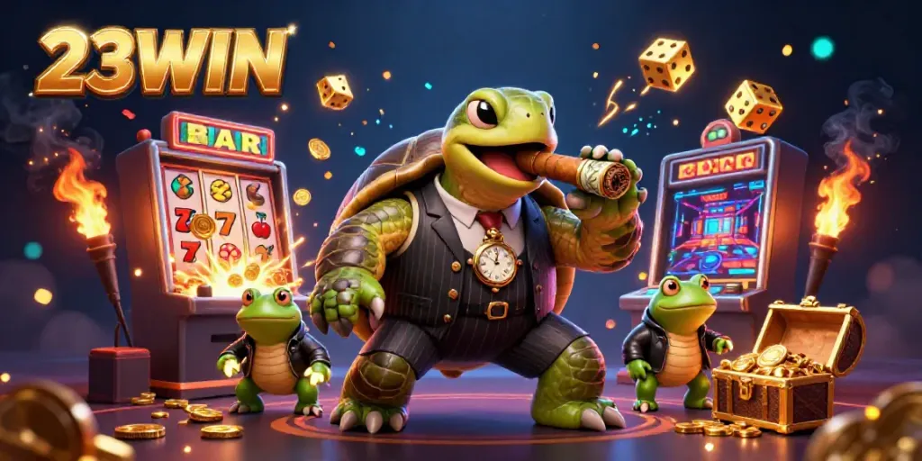 Experience the excitement of 23WIN with a massive turtle mobster and dynamic casino elements.