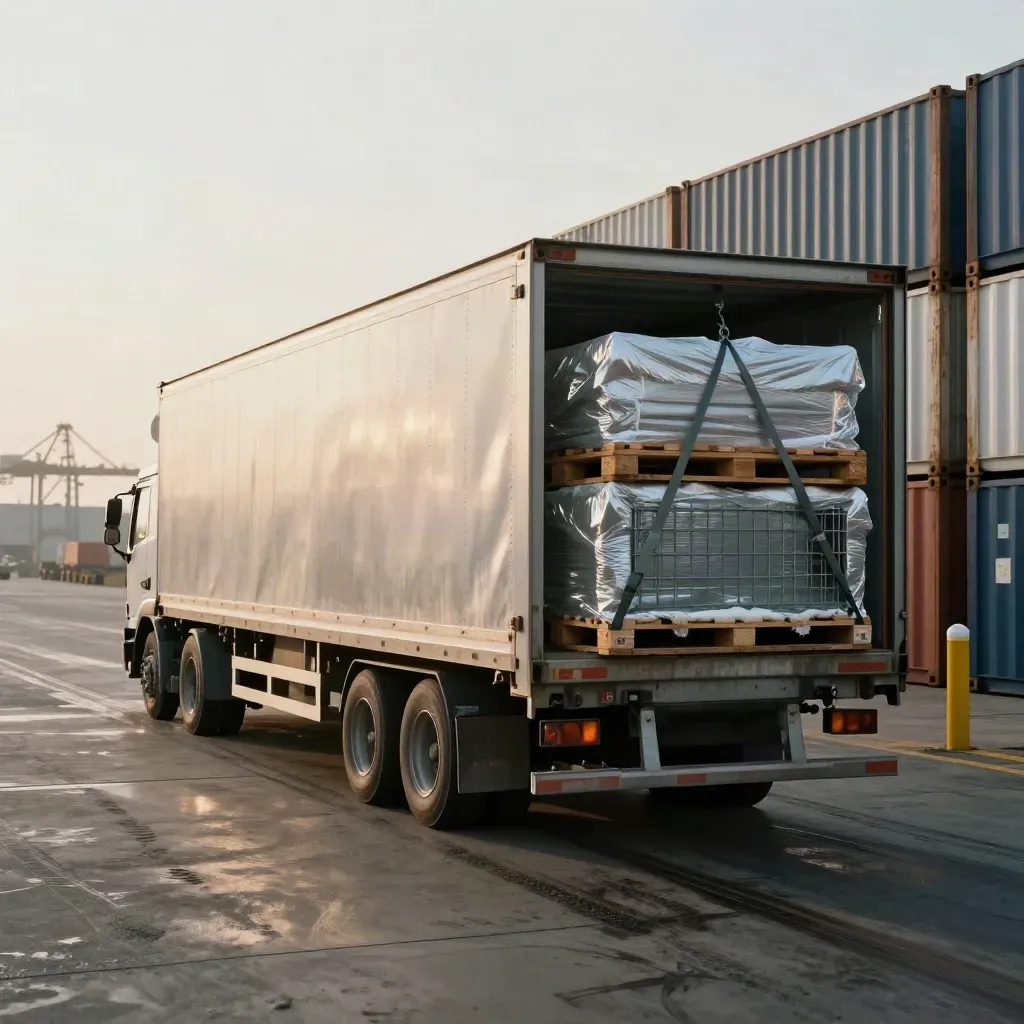 Loaded export trailer by a port freight bay, with sealed pallets and containers in hazy sunlight.