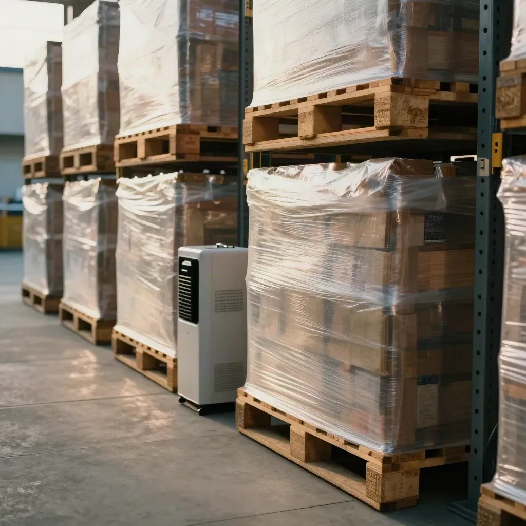 Short-term storage pallets in a clean warehouse bay with dehumidifier and racking