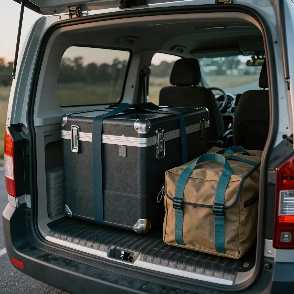 Open courier van boot with parcels and satchels ready for urgent dispatch.