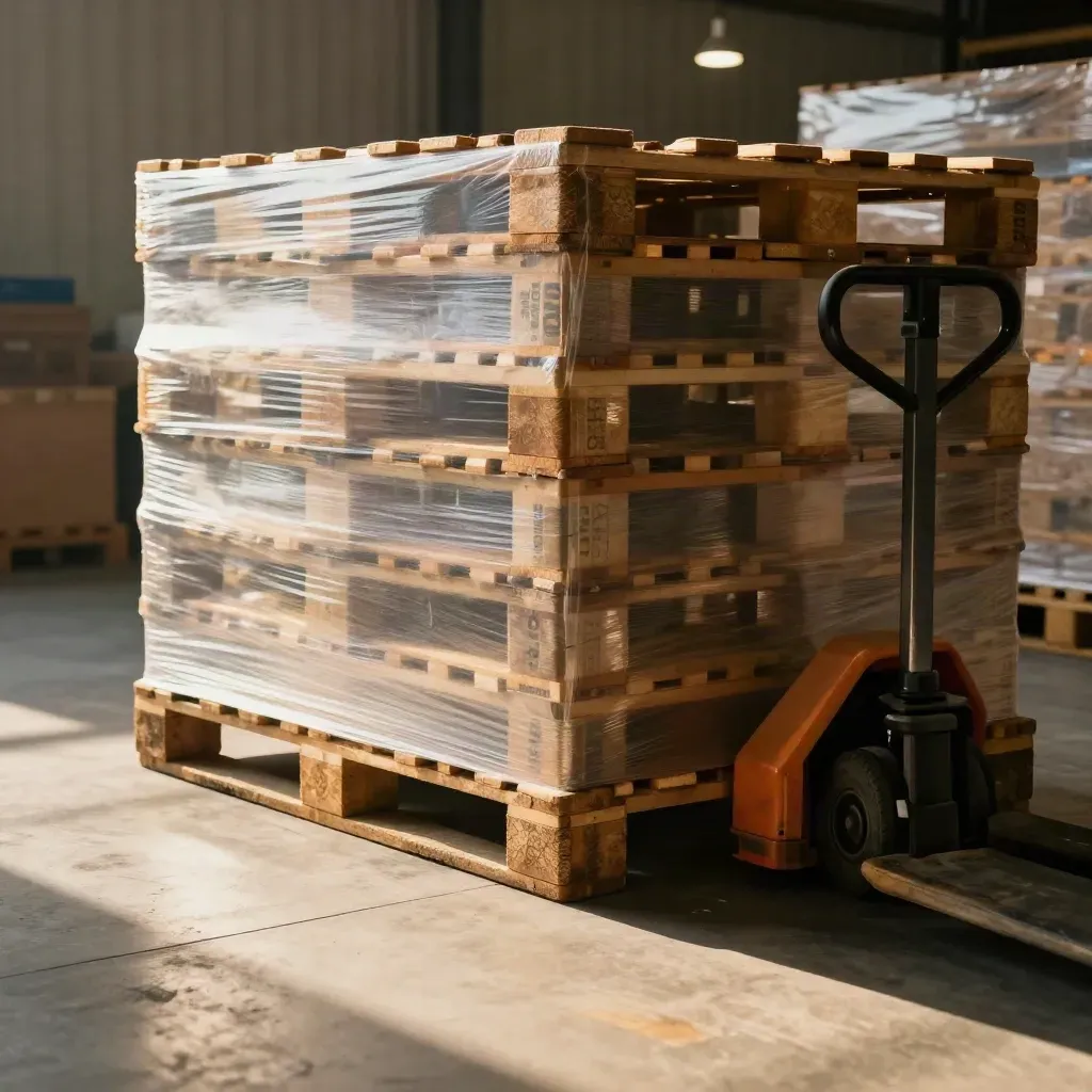 Wrapped pallets and a pallet truck in a warm warehouse loading bay.