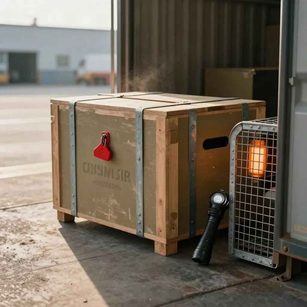Sealed import crate with customs seal, inspection torch and dock cage in warm warehouse light.