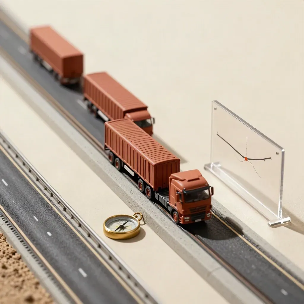 Mini motorway junction model with two trucks, route pins and acrylic planning board.