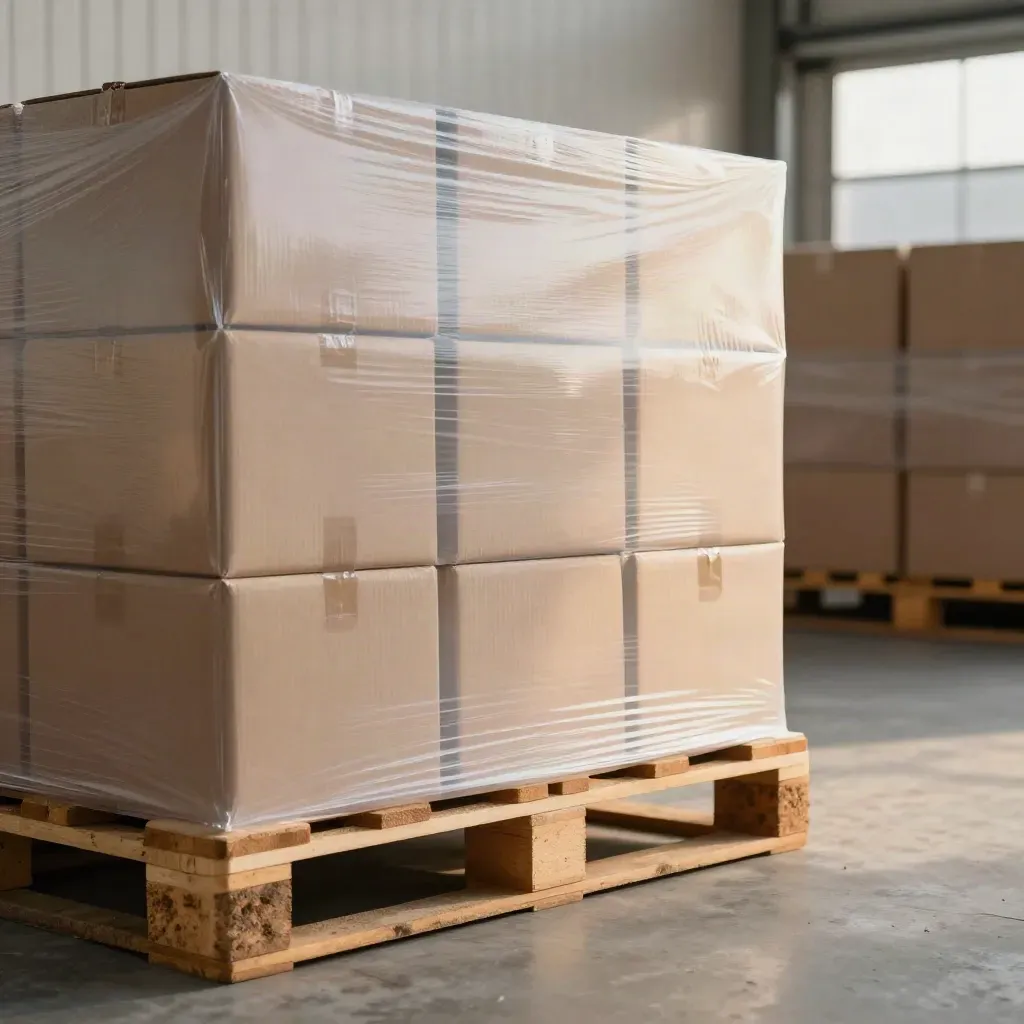Wrapped import pallets staged at a depot wall, ready for dispatch
