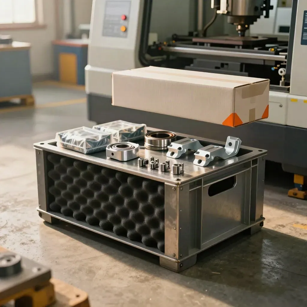 Precision parts crate beside a running factory machine on a pale concrete floor.