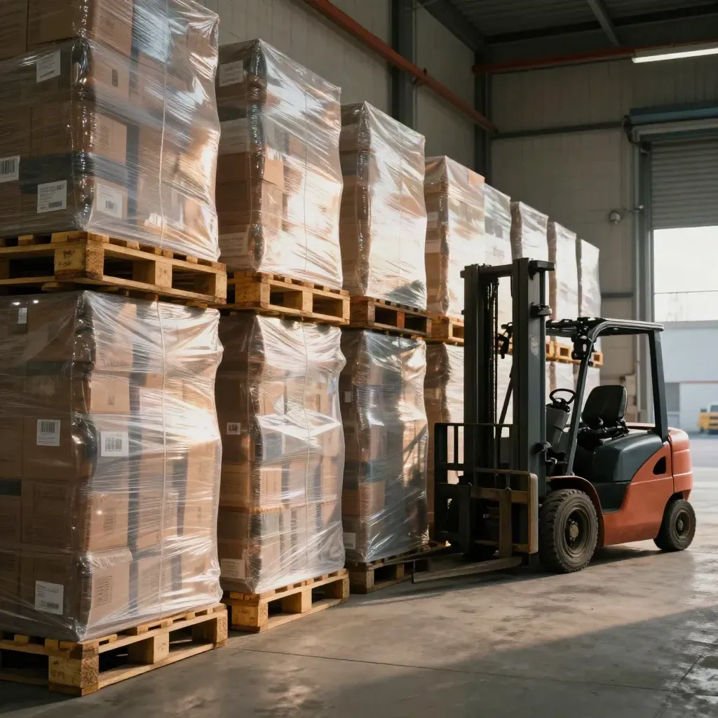 Shrink-wrapped pallet towers in a warehouse aisle beside a parked forklift