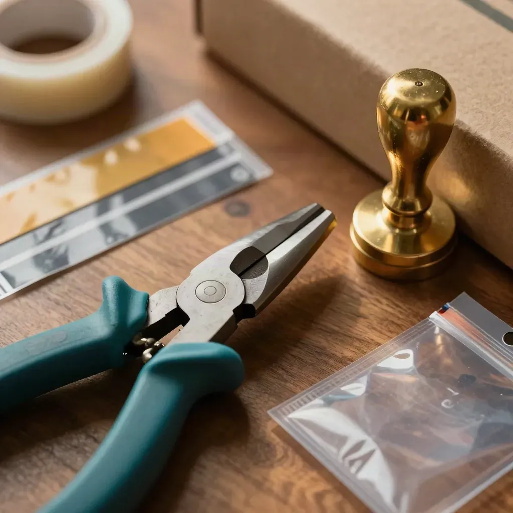 Macro still life of customs seal pliers, tamper seals and brass inspection stamp on a walnut bench.