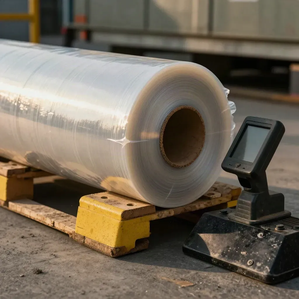 Warehouse dispatch tools close-up: pallet wrap, wheel chock, scanner cradle and dock bumper.