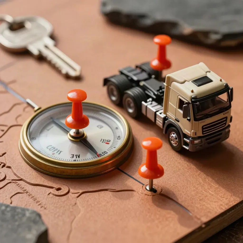 Brass route dial, die-cast HGV, orange pins on a relief map board in dramatic studio light.