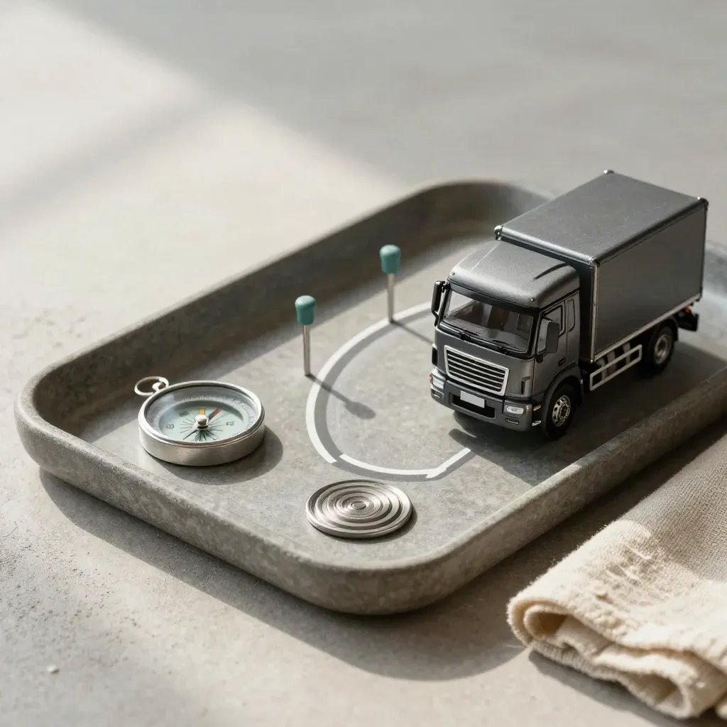 Truck, compass, roundabout token and route pegs on a stone tray in soft daylight