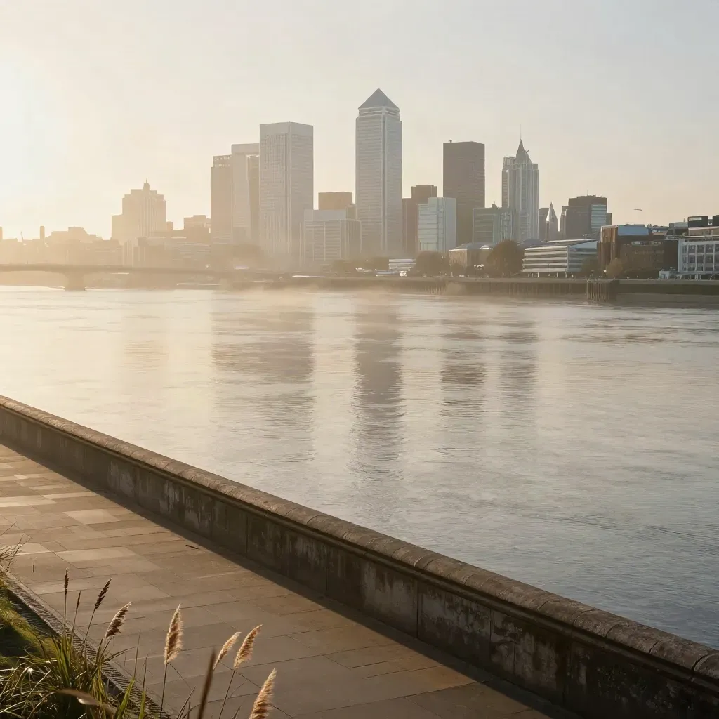 Canary Wharf and the Thames at sunrise above a calm misty river plain