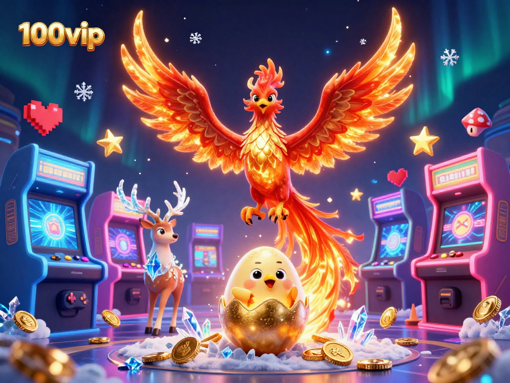 Engage with 100vip in a vibrant 3D casino scene featuring a phoenix, gaming elements, and neon visuals.