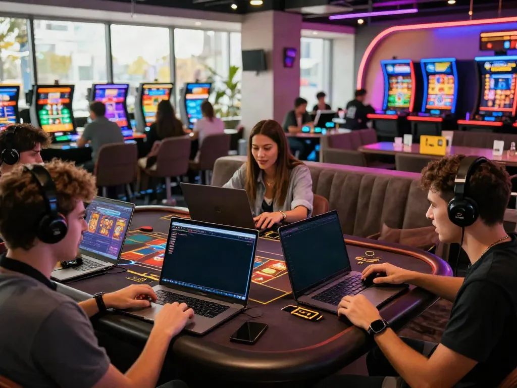 Players enjoying games at a credit card casino in a lively lounge with colorful lights.