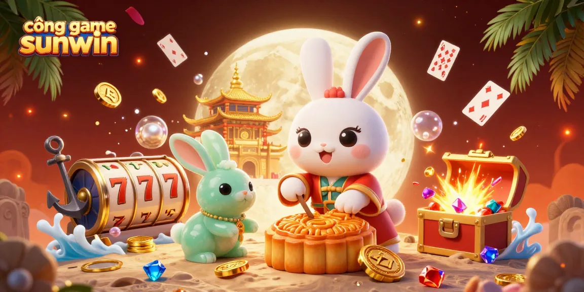 Cổng game sunwin showcases vibrant casino elements with a moon rabbit pounding mooncakes revealing poker chips.
