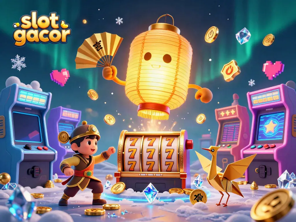 Experience thrilling wins and excitement with slot gacor at a bustling casino scene filled with vibrant characters and game elements.