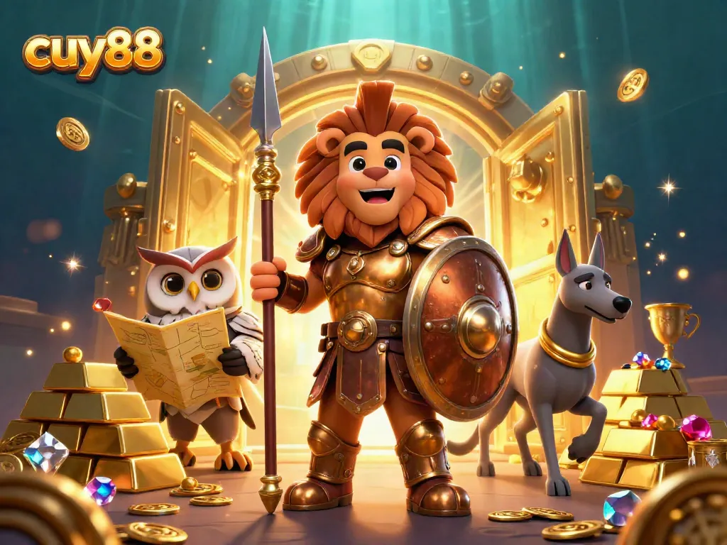 Join cuy88's thrilling adventure with a Spartan lion, tactical owl, and speedy greyhound in a vibrant casino setting.