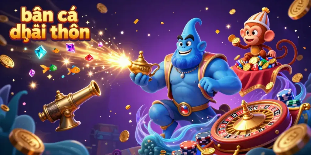 Experience excitement in bắn cá đổi thưởng with vibrant underwater characters, treasures, and dynamic casino elements.