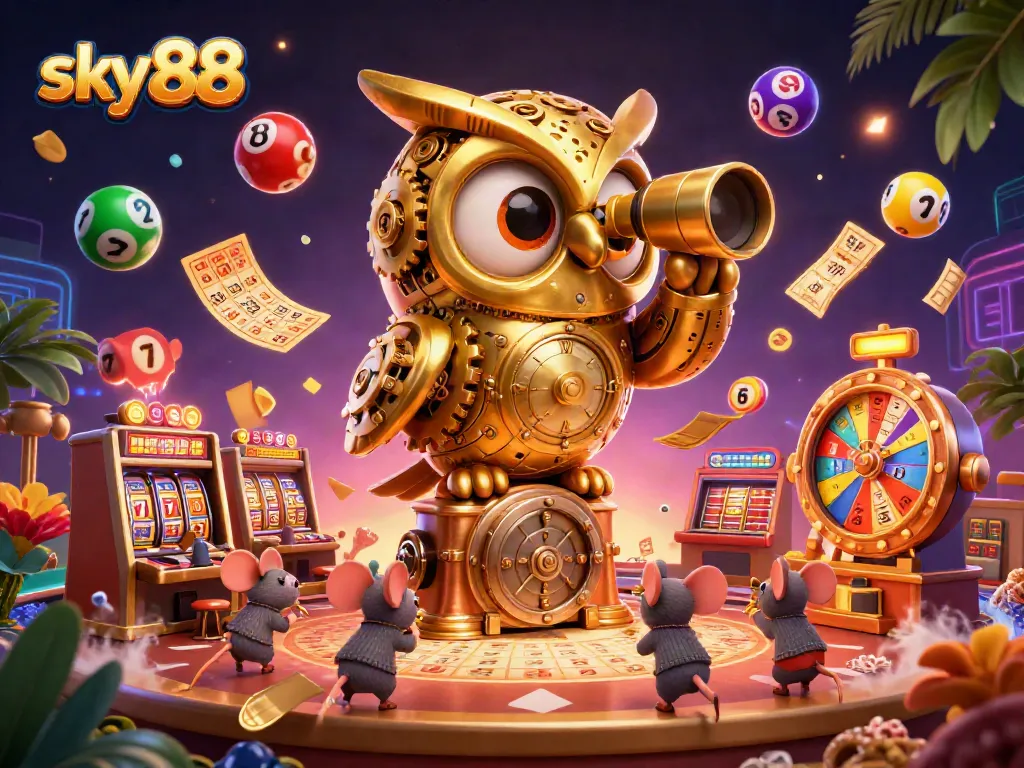 sky88 casino illustration showcasing characters in action with colorful game elements, immersive gambling atmosphere
