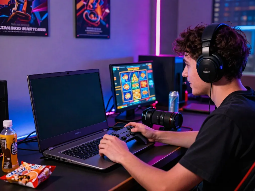 An engaged gamer enjoying vibrant slot games and fish shooting at http://gem88-mobile.com in a modern gaming setup.