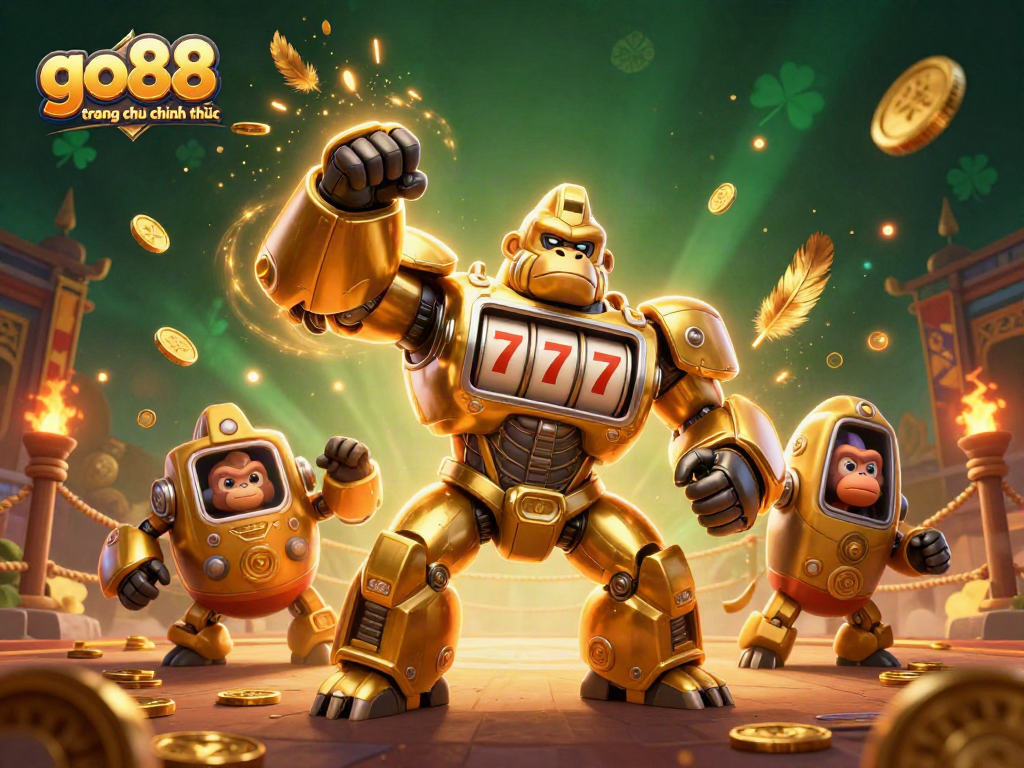 Engage with go88 trang chu chinh thuc in an exciting gambling scene featuring a golden gorilla mech.