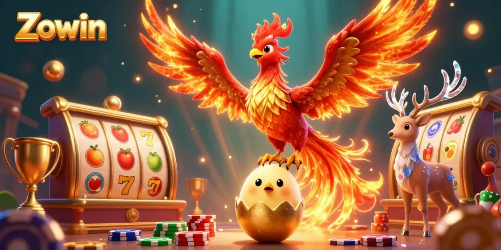 Zowin brings excitement with vibrant phoenix and gaming elements in a captivating casino scene.