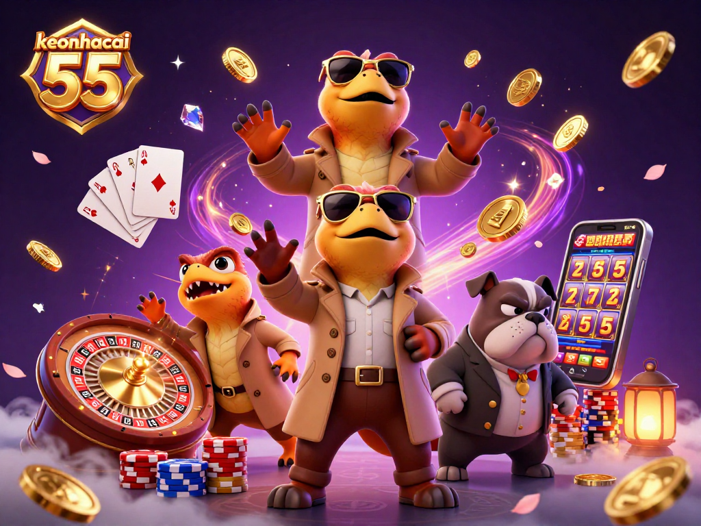 Experience the thrill of keonhacai 55 with raptors dressed as a tall gambler in a vibrant casino scene.