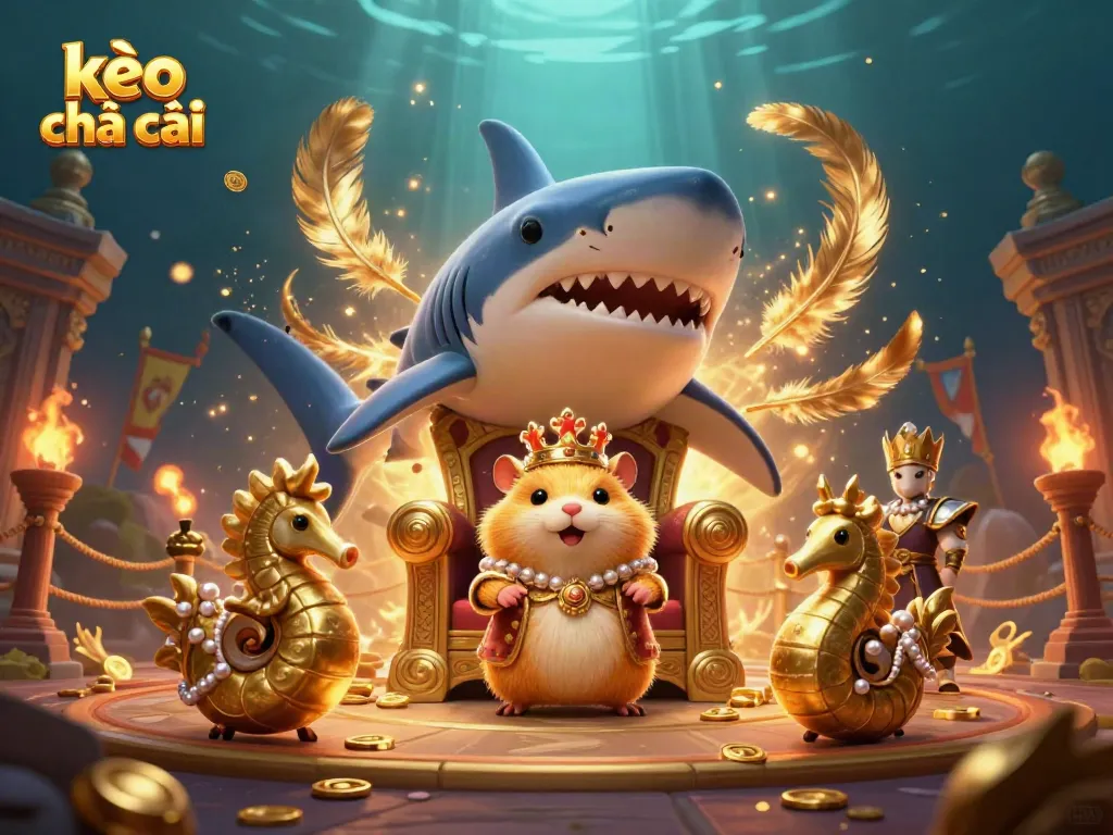 Engage with kèo nhà cái in a vibrant arena featuring a fierce golden hamster king and royal guards amidst dynamic betting elements.