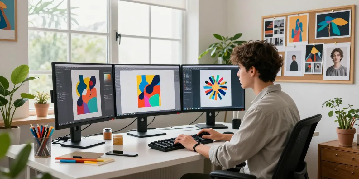 Creative professional using an AI image generator in a modern workspace, showcasing digital art on multiple screens.