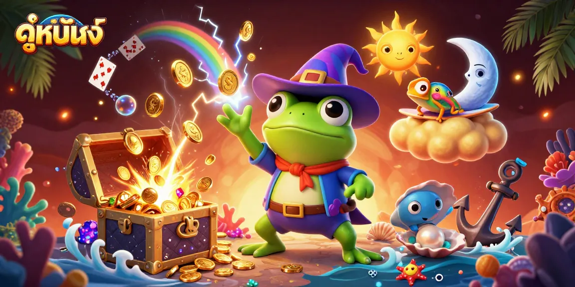 Experience the excitement of ดูหนังใหม่ as the wizard frog conjures a storm of golden coins in a vibrant casino adventure.