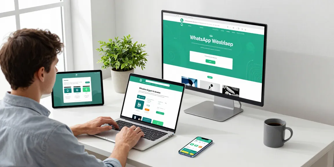 Explore the WhatsApp下載 website on various devices in a modern tech workspace.