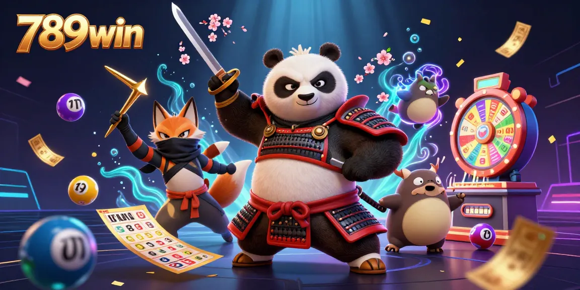 Engage in thrilling games with 789win, featuring samurai panda and ninja fox in an action-packed casino scene.